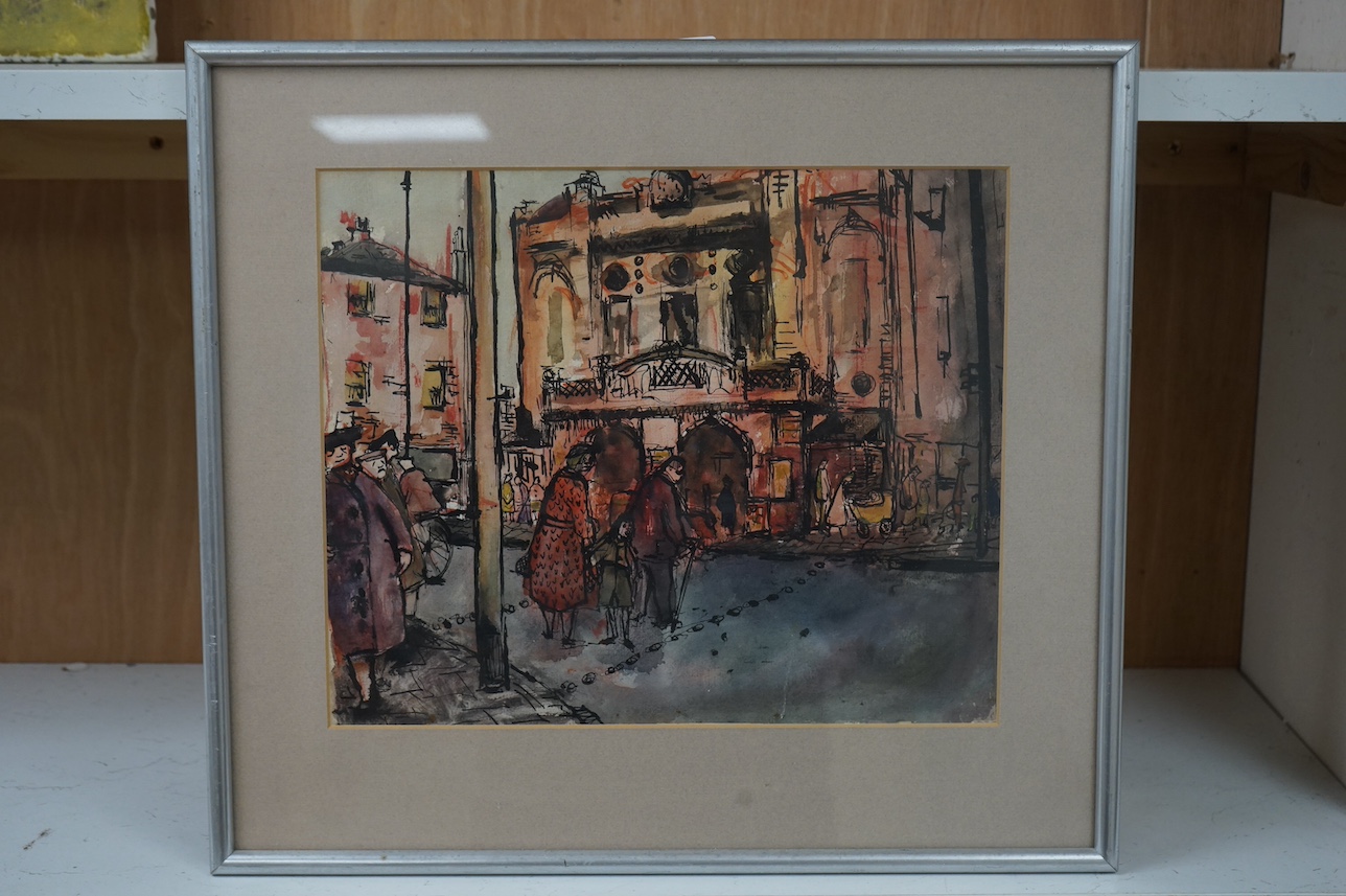 20th century School, ink and watercolour, Street scene with figures, unsigned, 26 x 30cm. Condition - fair to good